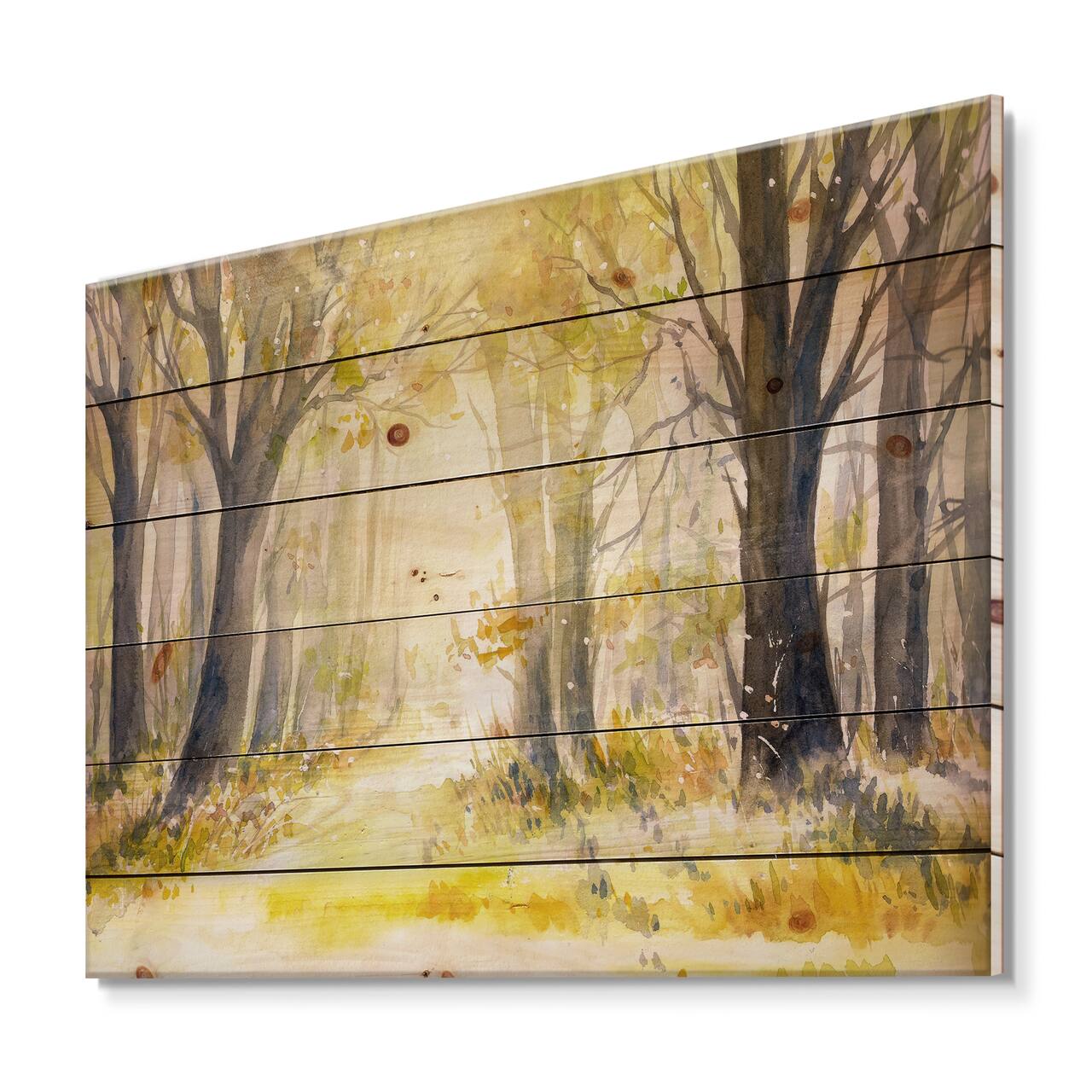 Designart - Bright Sunshine Through The Forest Trees I - Traditional Print on Natural Pine Wood